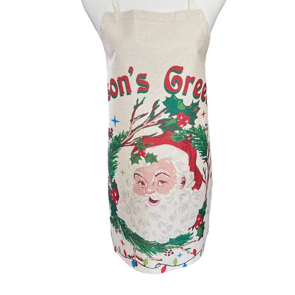 Merry Christmas Linen Blend Full Apron Old World Santa Claus NEW - Picture 1 of 4